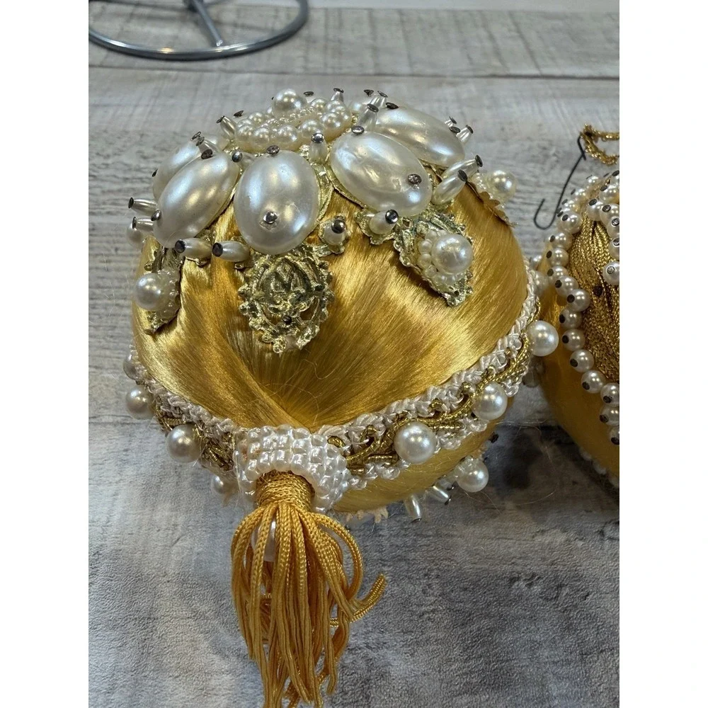 Set 2 Vintage Gold Satin Christmas Ornaments Faux Pearl Beaded Tassel Victorian